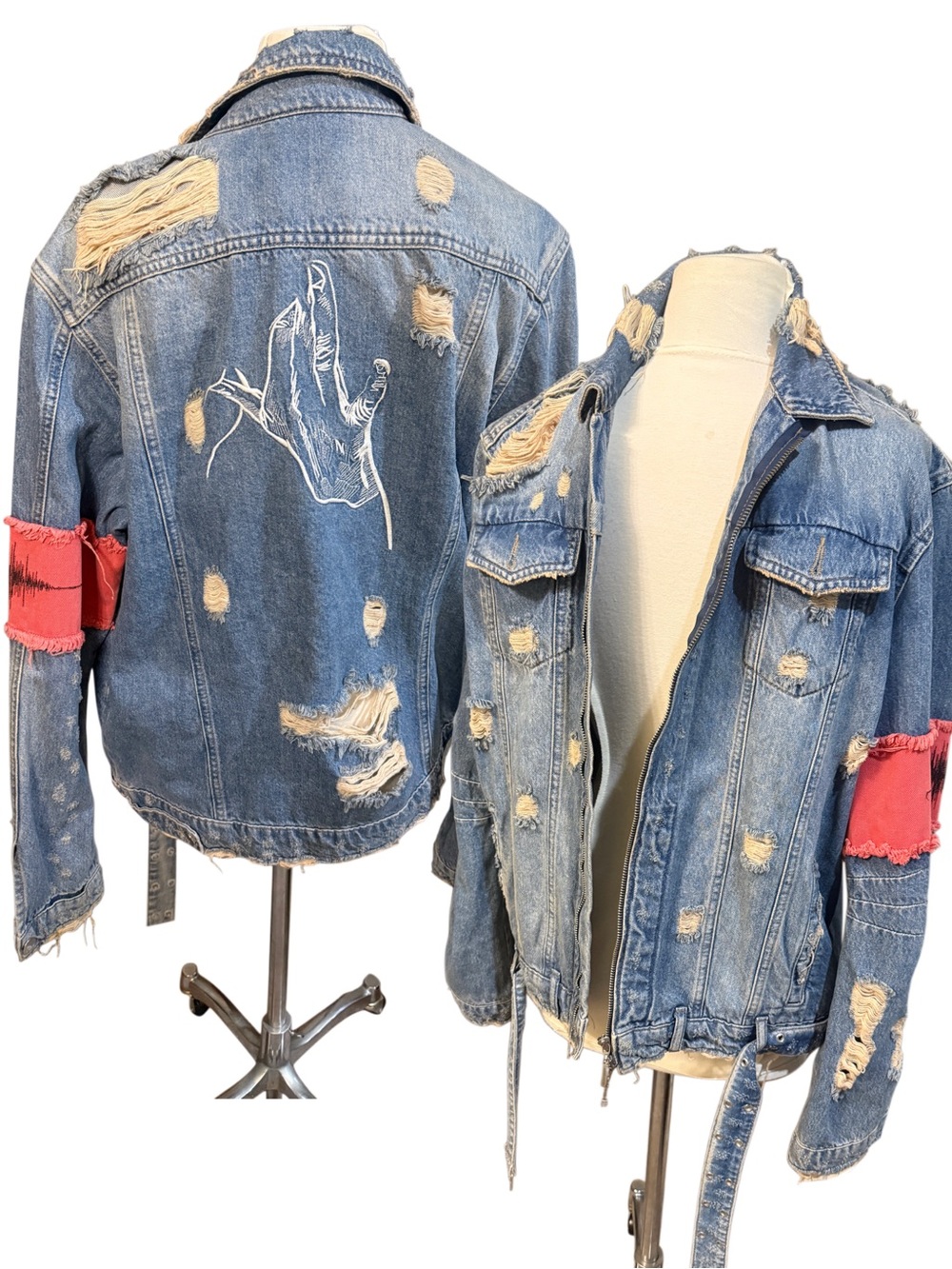 Designer art to wear Jaffary Men’s unisex Distressed Denim Jacket Blue XL Zip Up